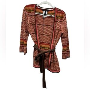 Bcbg striped 3/4 sleeve cardigan with tie